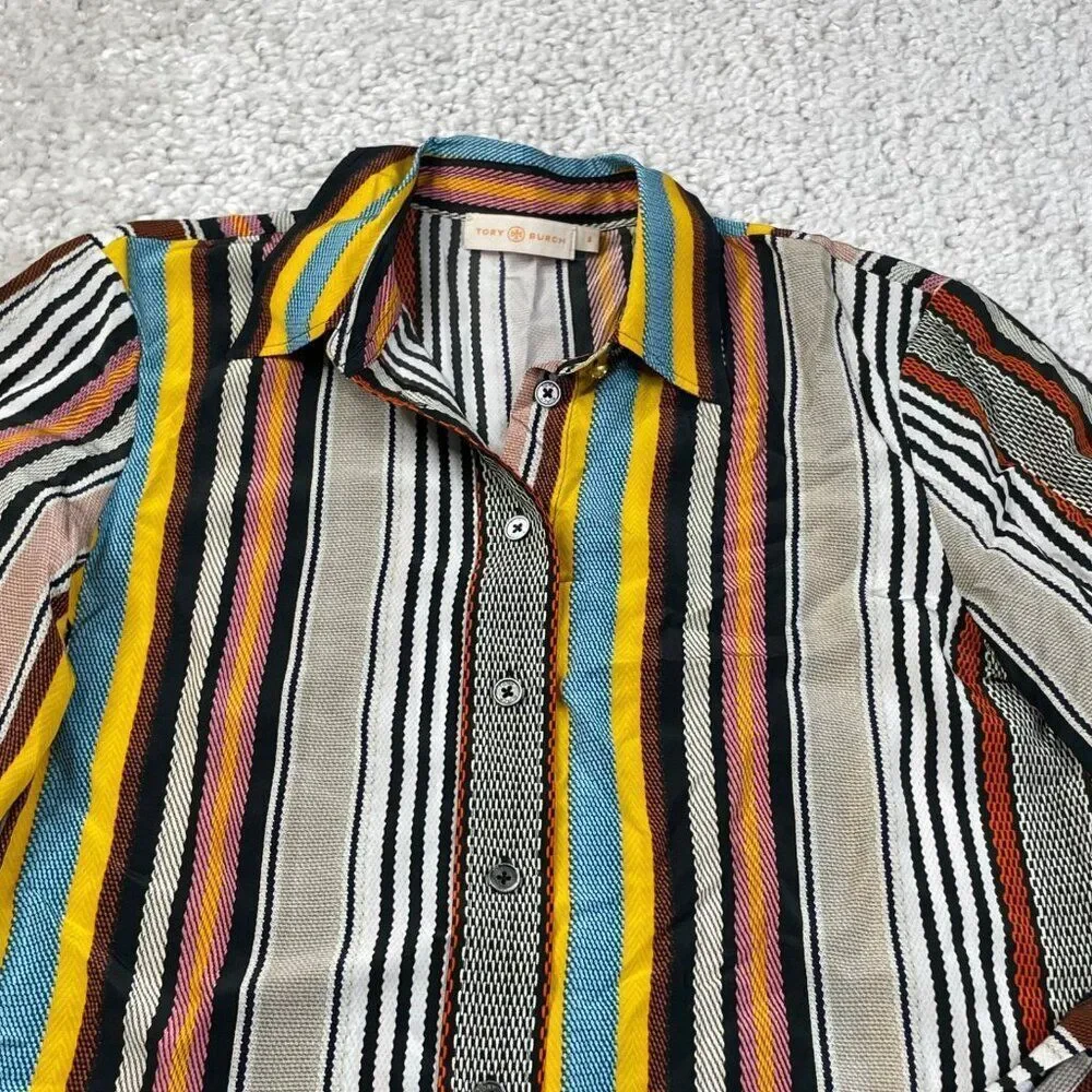 Tory Burch Silk Colorful Striped Button Front Shirt Blouse Womens 6